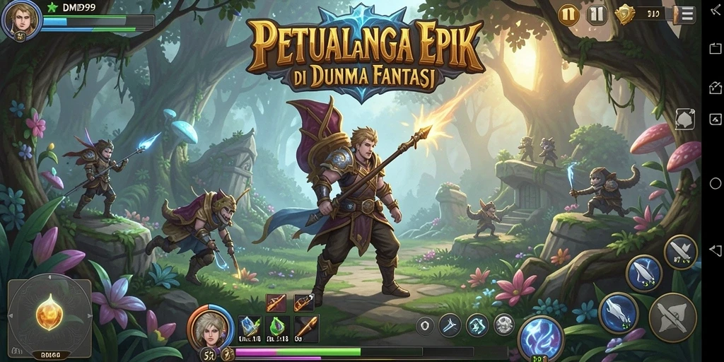 Tangkapan layar dari gameplay DMD999 yang menampilkan pertarungan seru di dunia fantasi.