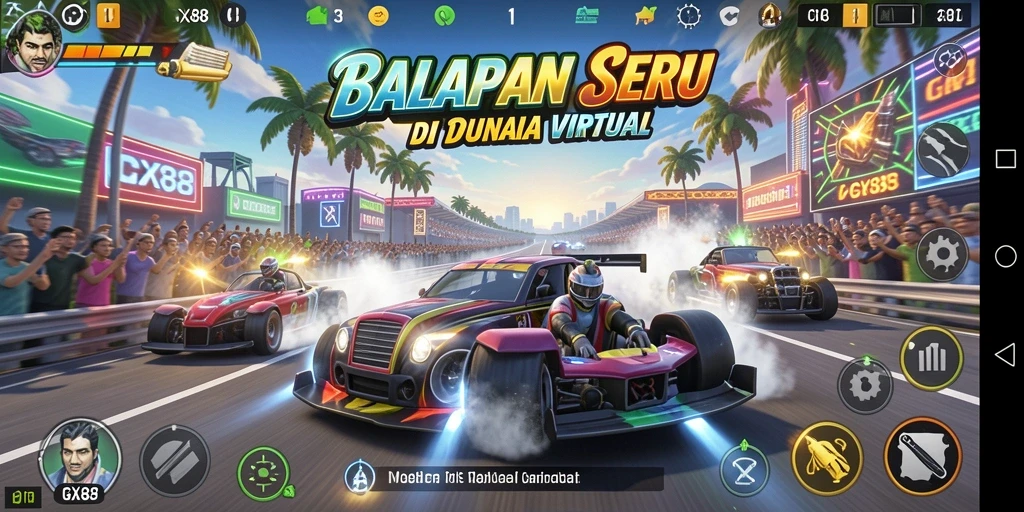 Screenshot GX88 menampilkan aksi balapan yang mendebarkan dan mobil yang keren.