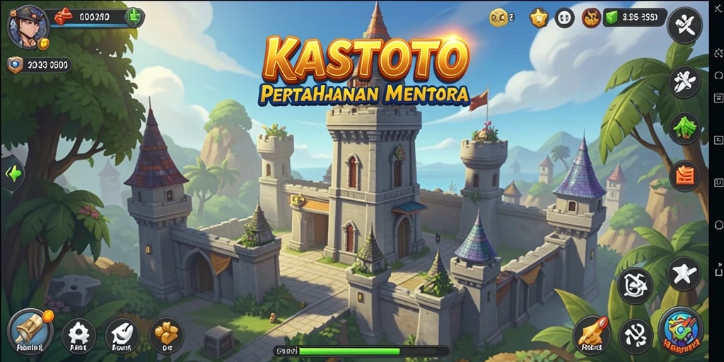 Tangkapan layar gameplay KASTOTO yang menunjukkan aksi menara pertahanan.