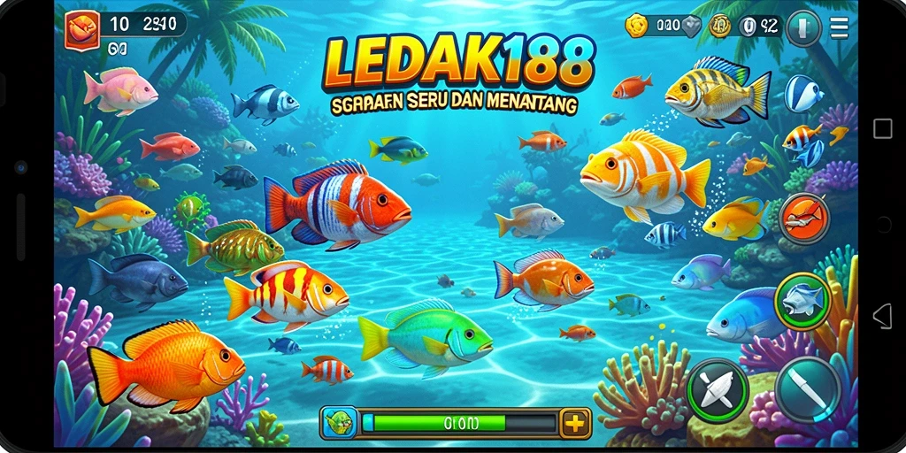 Tampilan gameplay LEDAK188 dengan aksi menembak ikan yang menawan.