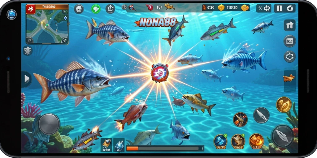 Screenshot gameplay NONA88 yang menampilkan aksi menembak ikan.