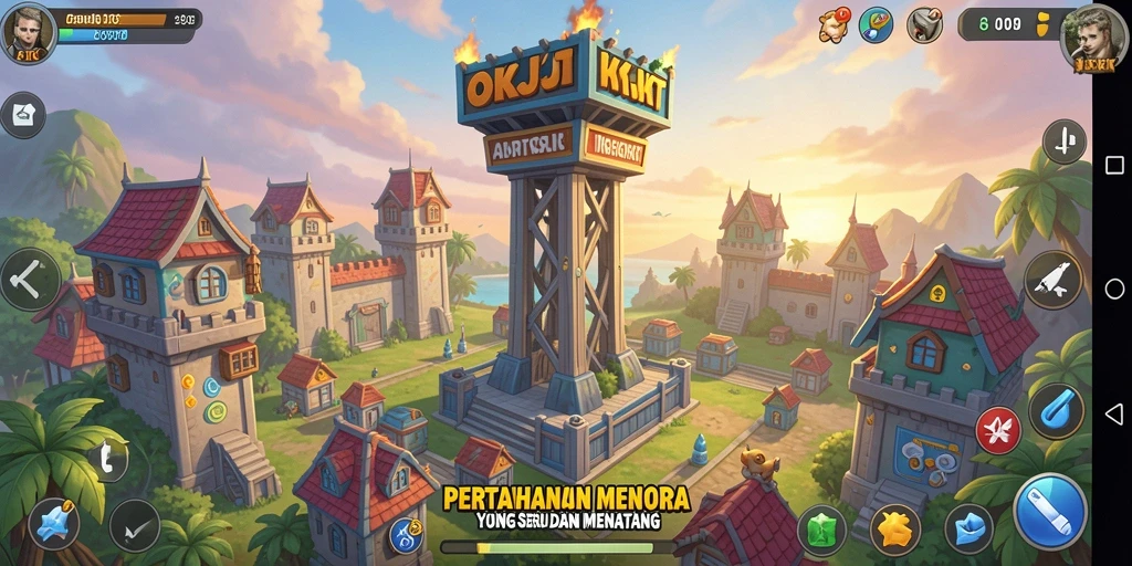 Screenshot OKJKT menunjukkan aksi mendebarkan dalam gameplay Tower Defense.