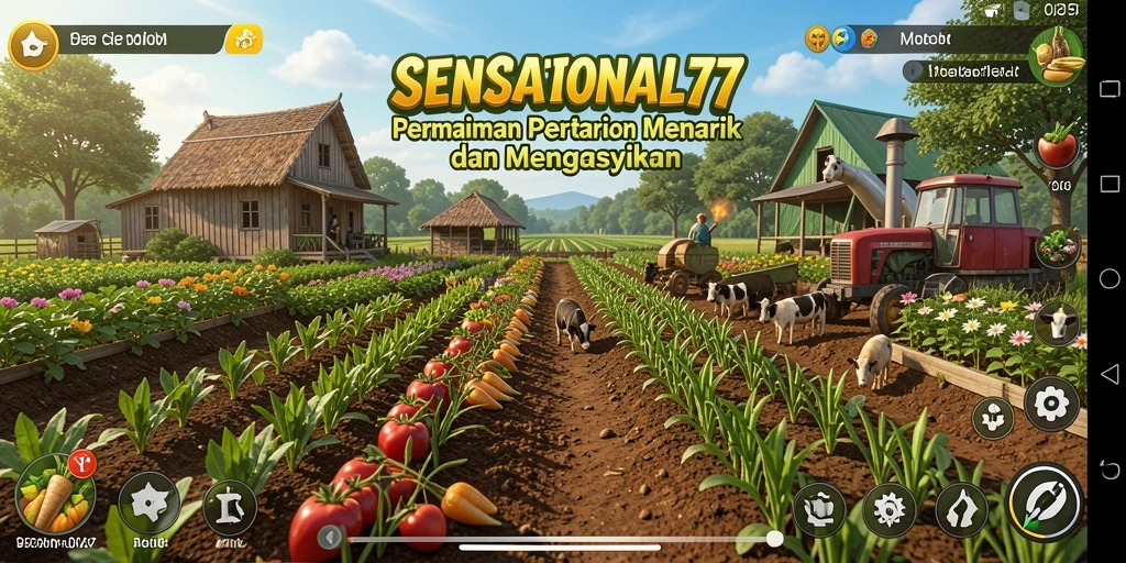 Screenshot gameplay SENSATIONAL77 menampilkan keindahan pertanian dan aktivitas bertani.