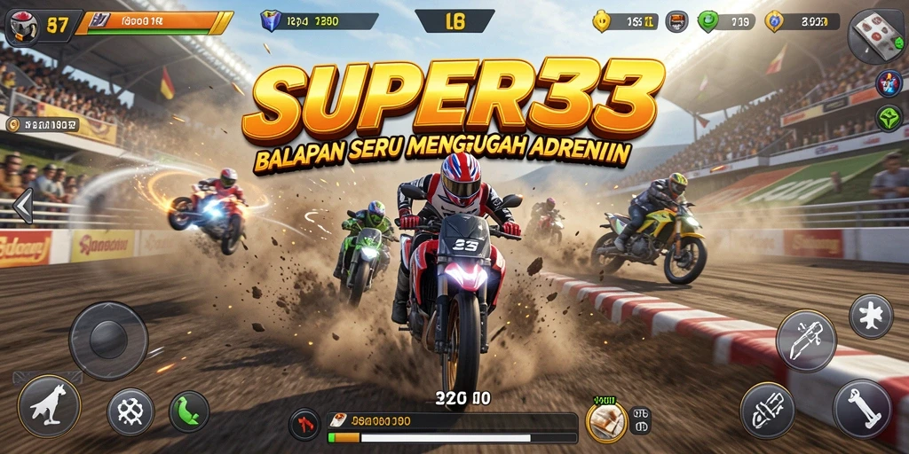 Screenshot gameplay SUPER33 menampilkan aksi balapan yang mendebarkan dan kendaraan keren.
